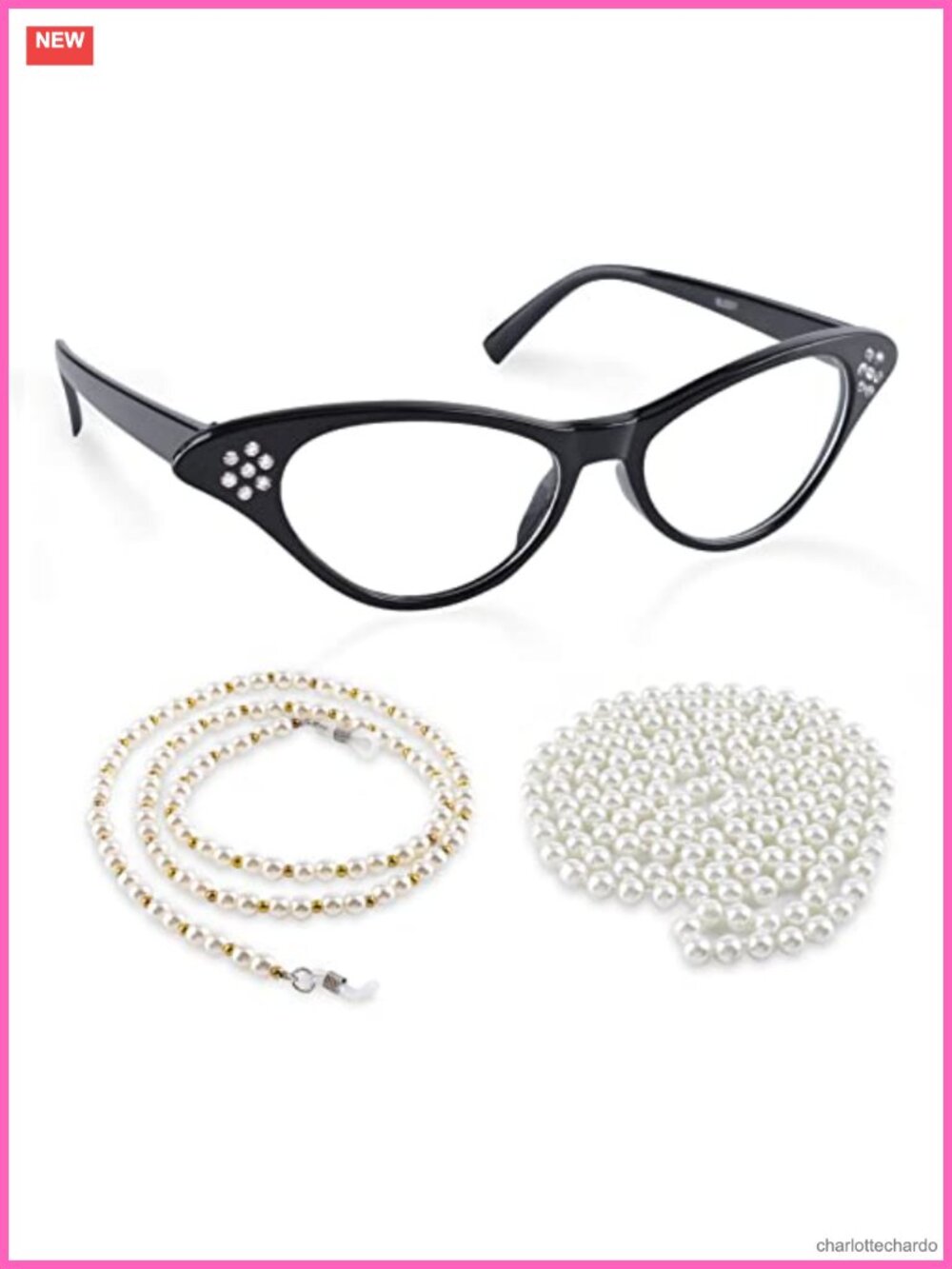 Old Lady Costume Accessory Set Cat Eye Glasses Pearl Necklace